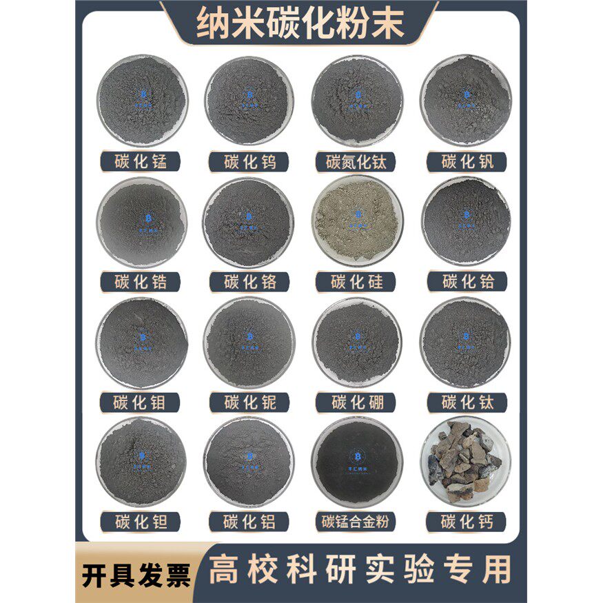 纳米碳化锰钼钨铌钒铬钛钽铪锆铝硅硼铁碳氮化钛粉末高校科研实验
