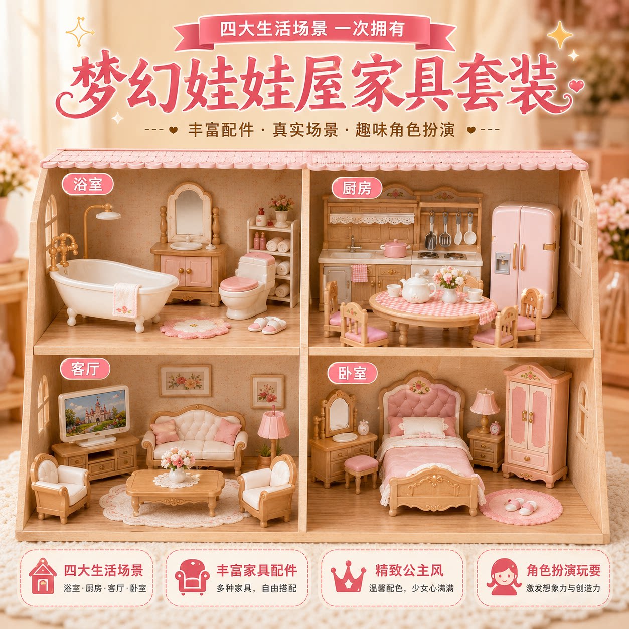 梦幻娃娃屋家具套装女孩过家家玩具3-16岁仿真房间配件公主