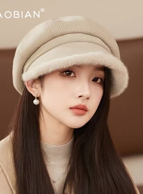 韩系大头围毛绒贝雷帽女2025新款秋冬百搭八角帽加厚保暖渔夫帽子