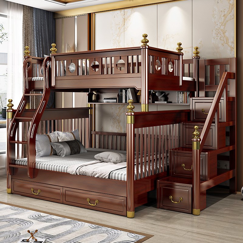 新中式实木1.8米上下床双层床大人高低床成人子母床带抽屉滑梯床