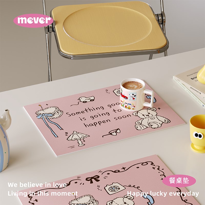 韩式粉色熊可爱皮革西餐垫吧台桌垫防水防油易清洗隔热餐桌垫杯垫