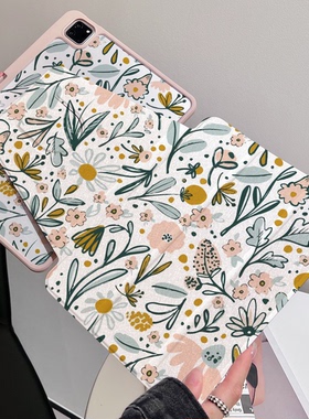 彩绘蓝花360度旋转三折亚克力iPad保护壳适用苹果ipad pro11保护套带笔槽mini7磁吸翻盖全包防摔air567平板套