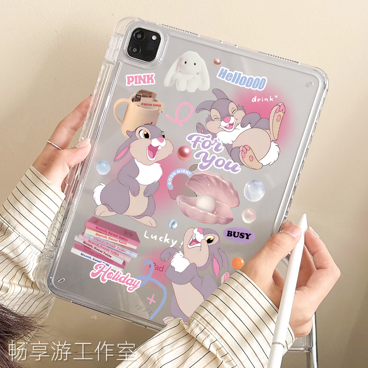 适用苹果平板ipad保护壳Air876Pro无盖亚克力10.9英寸第12十11九8代带笔槽防弯防摔ipad平板保护套迪斯尼兔子