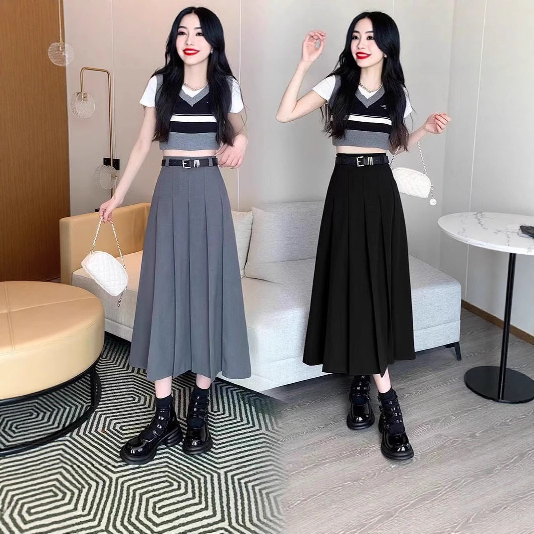 80灰色半身裙百褶长裙2025夏季新款高腰显瘦中长款气质西装百褶裙