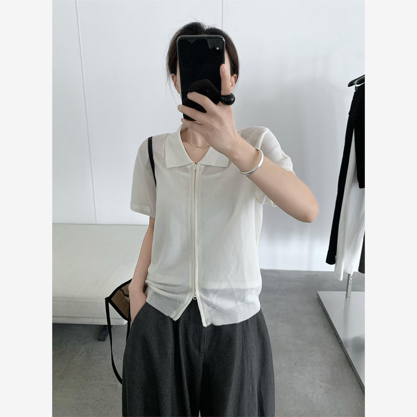 TG 薄款双开拉链短袖针织POLO衫女2025夏季新款简约休闲上衣24886