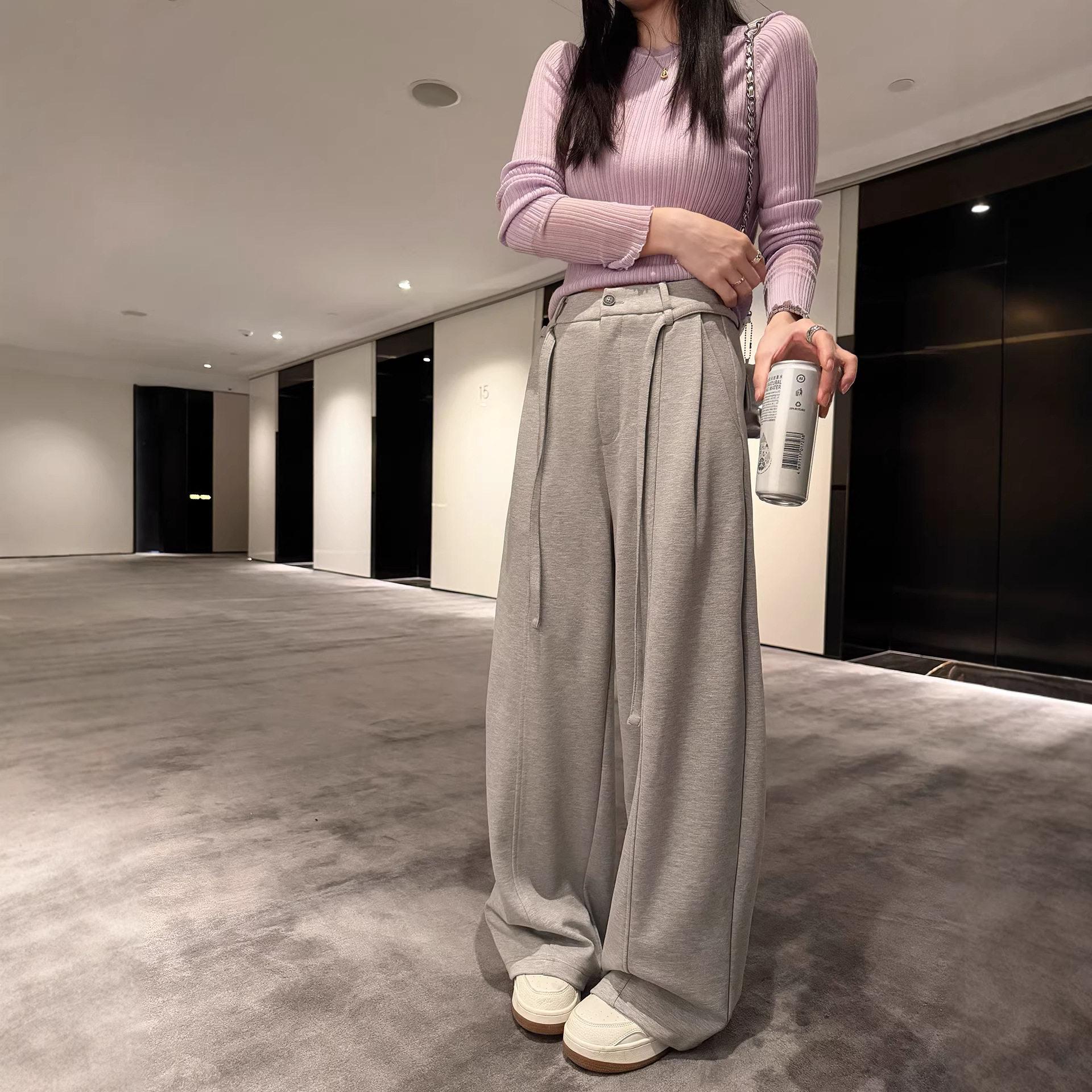 百视旺 高腰系带休闲裤女春季小个子宽松百搭显瘦直筒阔腿长裤