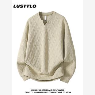 大码小v领提花卫衣男士长袖上衣春秋新款慵懒风休闲宽松打底T恤衫