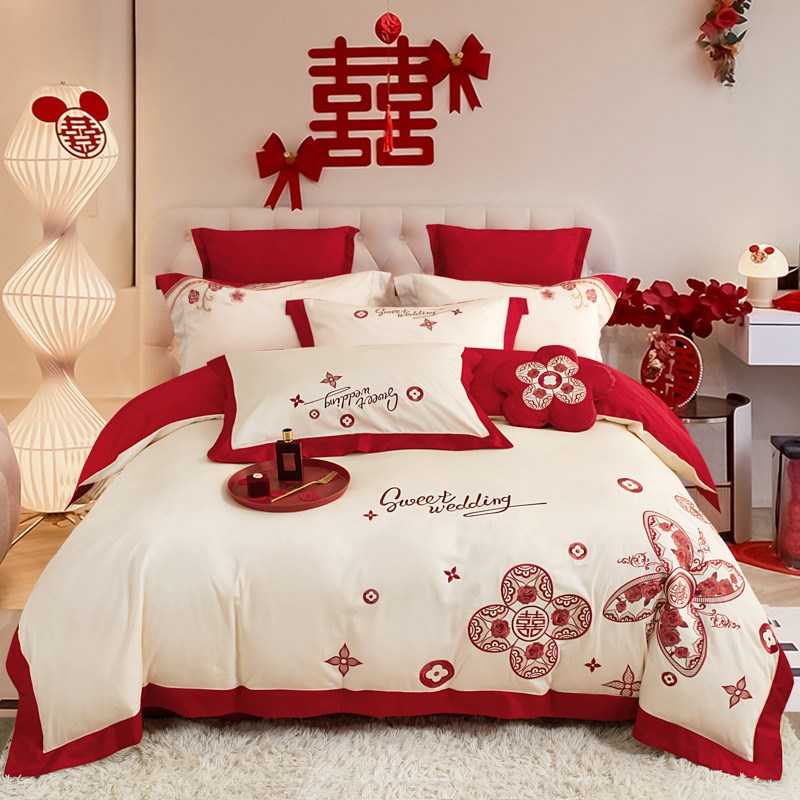 100支长绒棉轻奢刺绣婚庆四件套床上用品结婚四件套红色床单被套