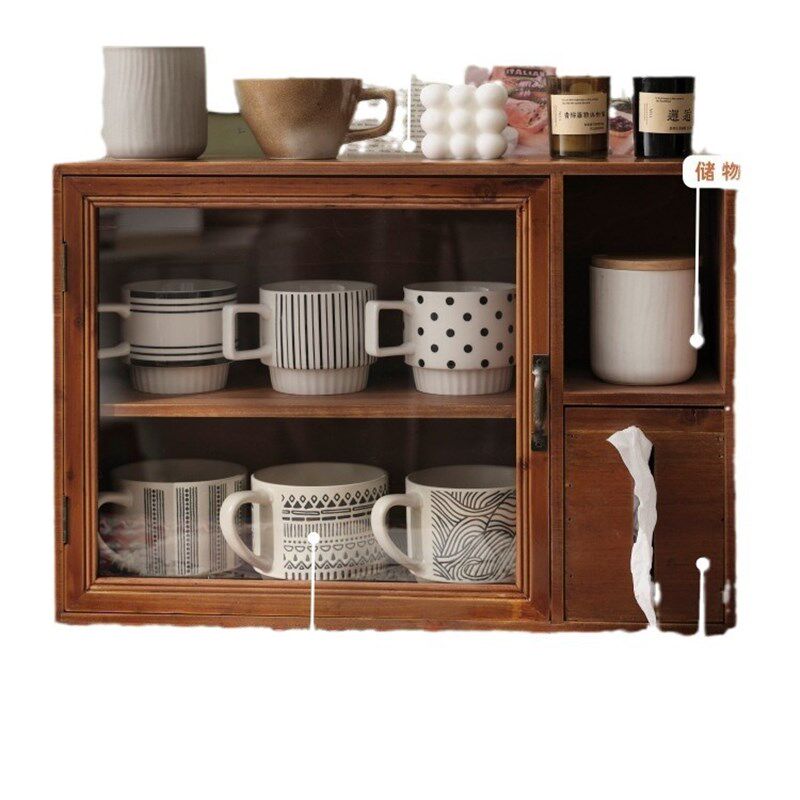 zakka网红置物架带纸巾盒复古双层木质茶具桌面收纳盒杯子防尘柜