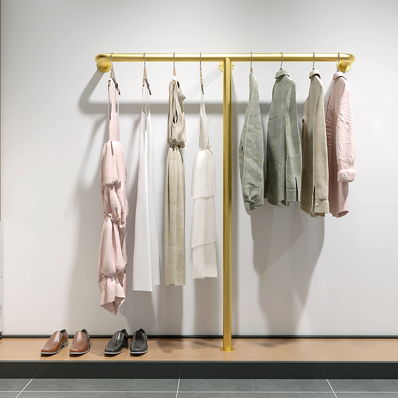 金色服装店服装展示架上墙衣服架子女装陈列衣架靠墙货架壁挂式架