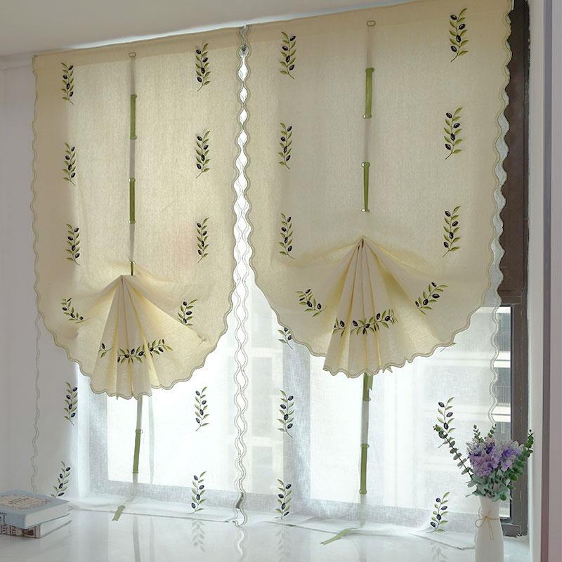 美式乡村厨房魔术贴升降窗帘橄榄绣餐厅卷帘布无需打孔,安装简单