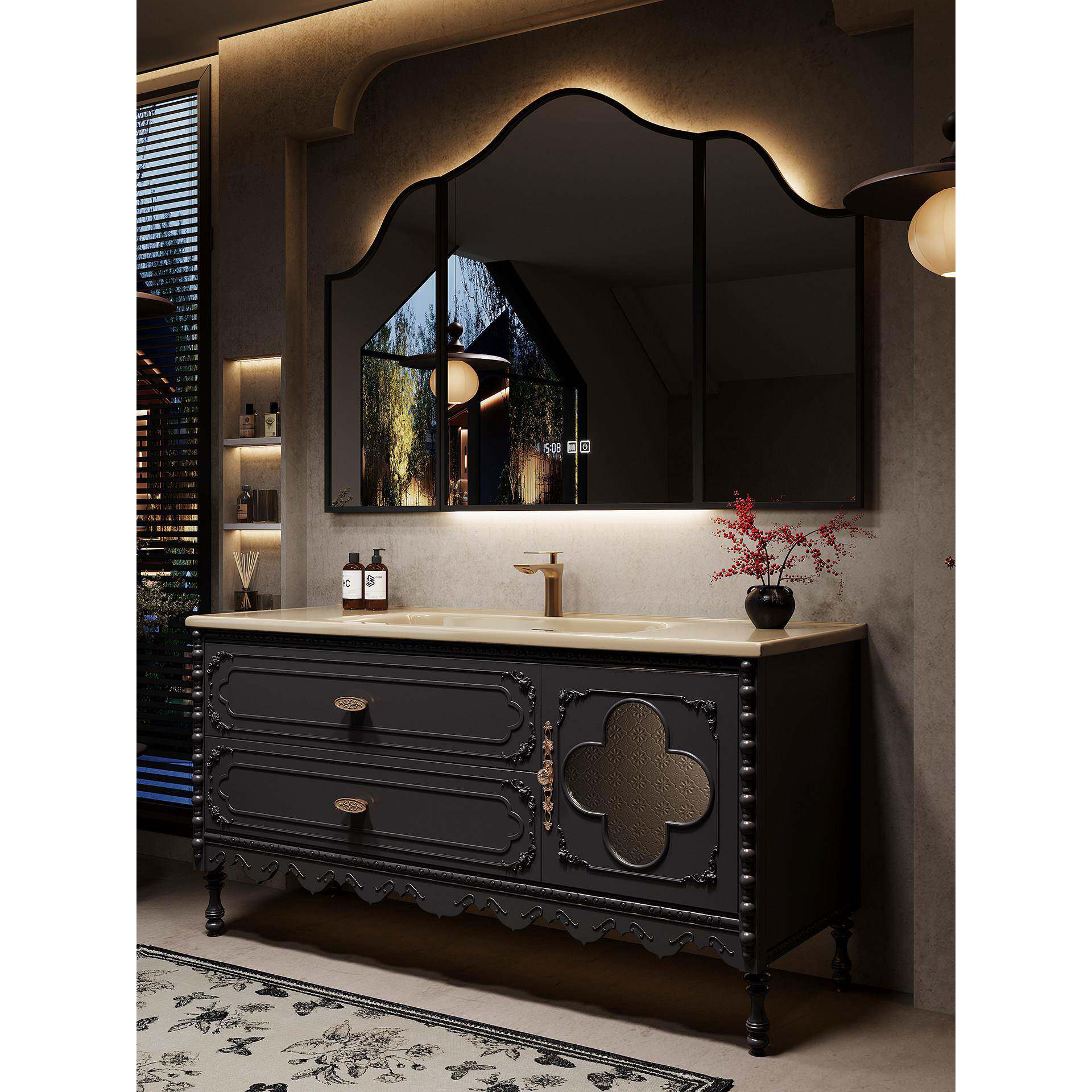 法式覆古橡木浴室柜组合落地式卫生间洗漱台洗手脸盆柜陶瓷一体盆