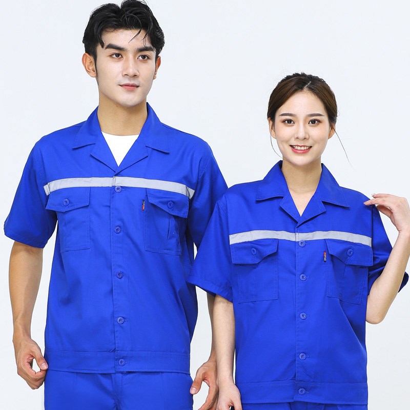 汽修厂服定制浅蓝工程套装物业保洁工人制服印字反光条涤棉上衣