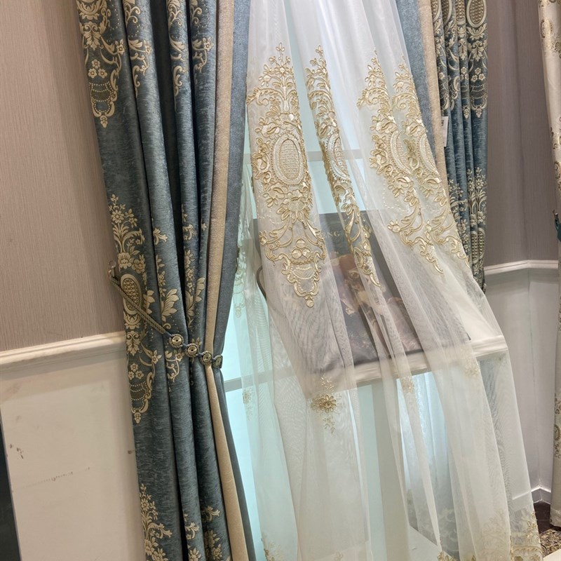 2020年新款欧式湖蓝大马仕革雪尼尔提花窗帘欧式绣花纱帘别墅简欧