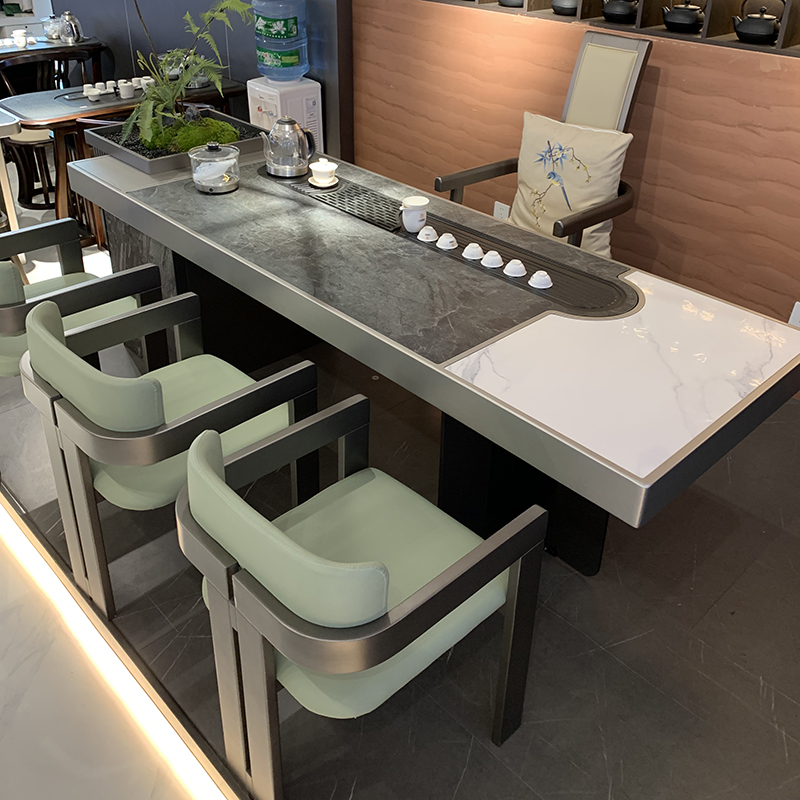 W8岩板茶桌椅组合现代简约泡茶桌办公室书桌不锈钢功夫大板茶