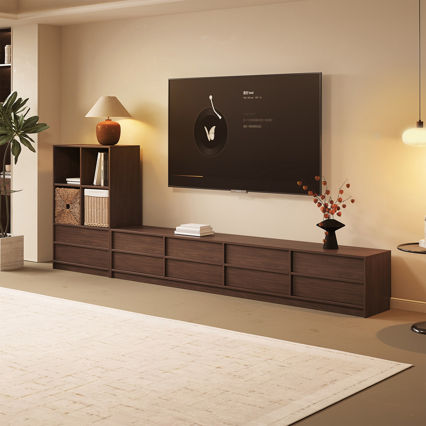 新中式实木胡桃色电视柜客厅储物柜中古风落地简约电视机柜格子柜