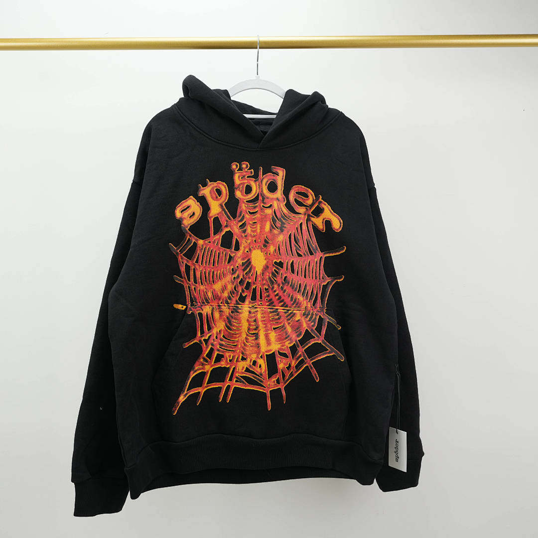 thumbnail for Orange flame letter spider web hooded long-sleeved sweatshirt