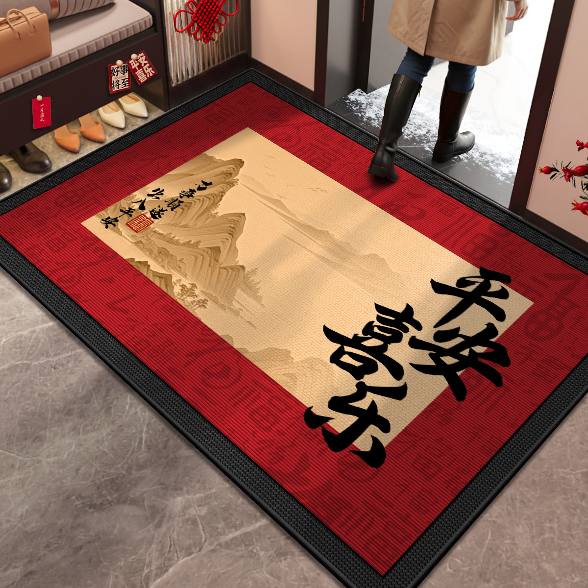 新中式入户门地垫新年红色脚垫