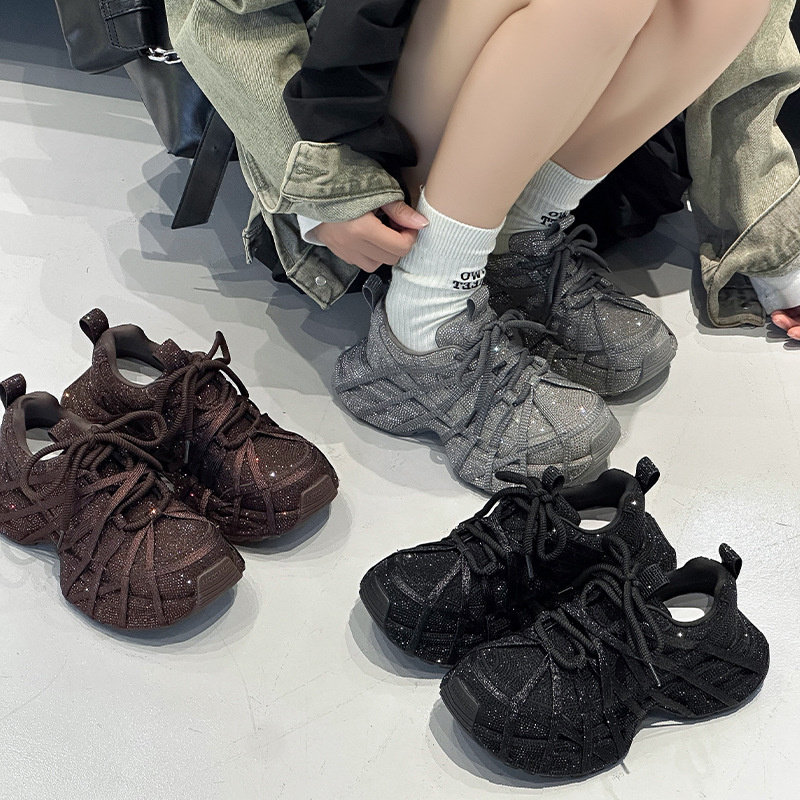 满天星水钻厚底老爹鞋女绑带款安拉红休闲鞋子