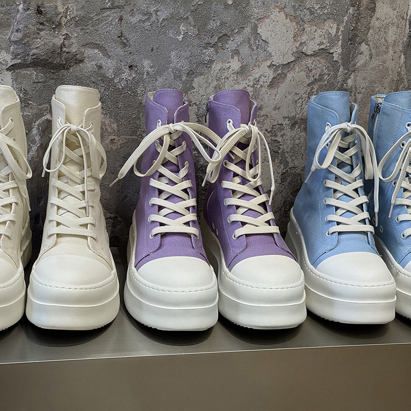 丑萌情侣款春秋高帮男厚底增高靴子白色蓝色靴时尚休闲鞋布休闲鞋