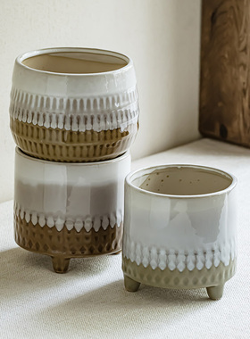 YE HOMfE 田园风陶瓷三足花插家居摆件多肉花盆创意桌面收纳笔筒