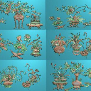 精雕图花瓶 腰板博古48 灰度图东阳木雕工艺品挂件挂屏屏风