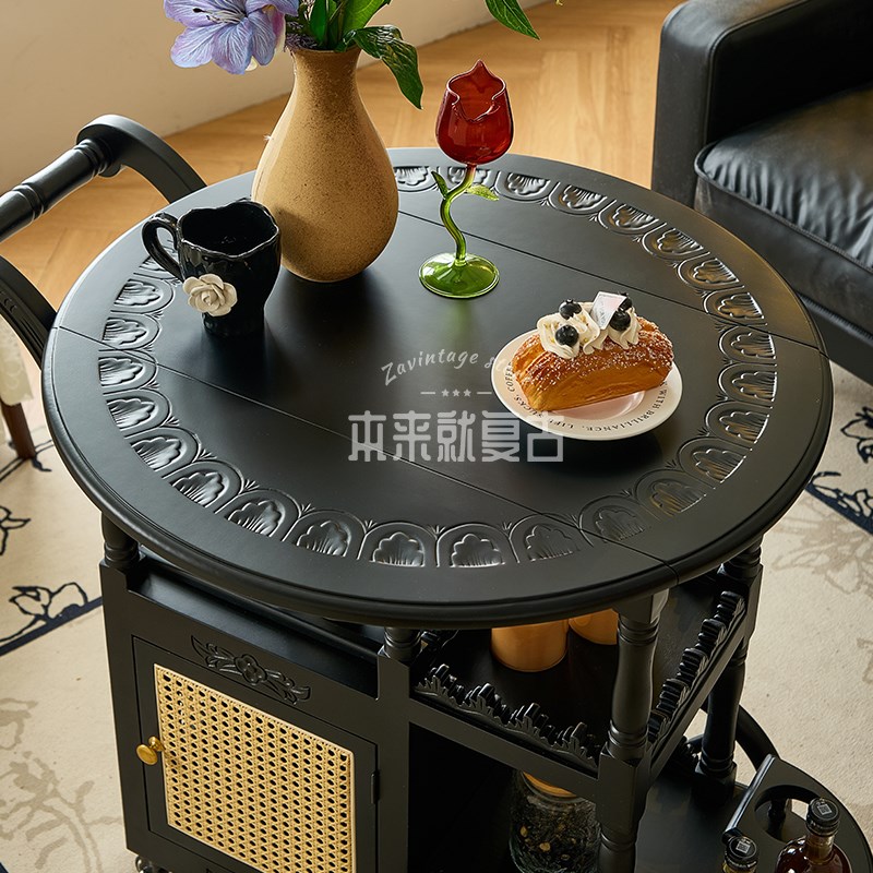 本来就复古柚木手雕推车法式复古实木折叠茶几黑色移动小餐车