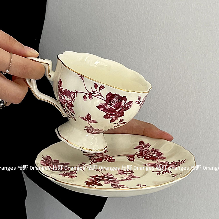 Oranges法式复古红花卉vintage中古咖啡杯碟欧式下午茶杯套装礼物