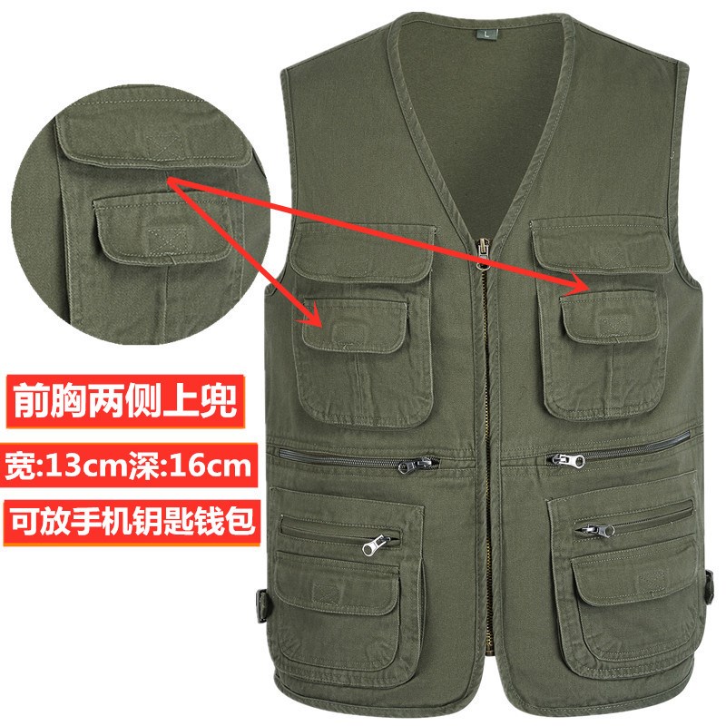 春秋纯棉单马甲男士多口袋中老年水洗红色黑色订制印logo加肥6XL