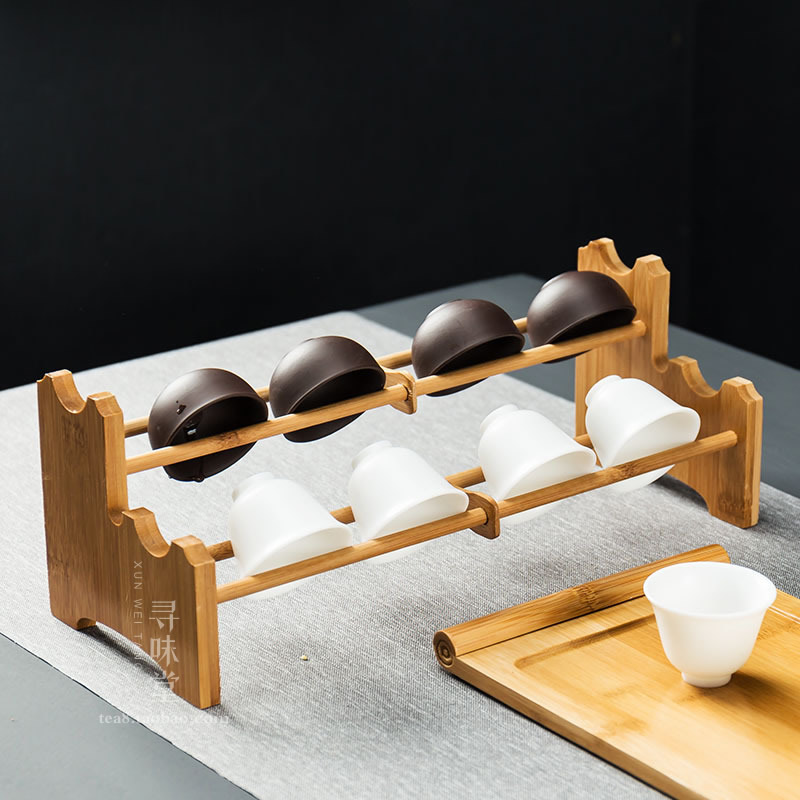 竹制晾杯架 沥水茶杯架子收纳杯托双层三层折叠小杯架茶具配件