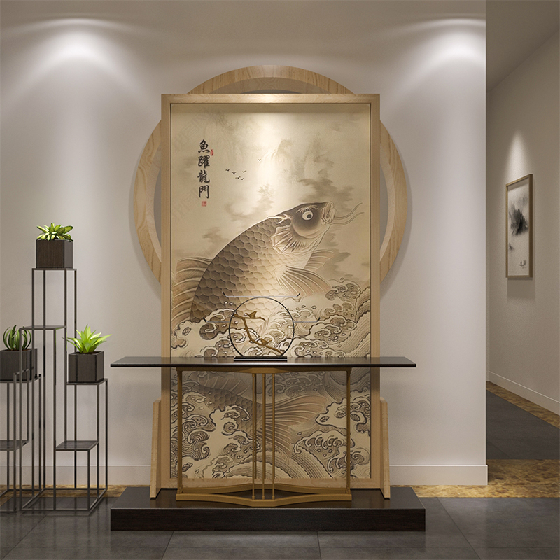 新古典实木屏风隔断客厅玄关酒店餐厅座屏半透纱移动屏风鱼跃龙门