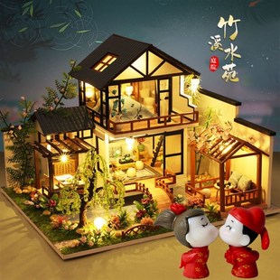 diy手工小屋閣樓竹溪水苑中國風(fēng)C手工制作小房子木制拼裝 模型玩具