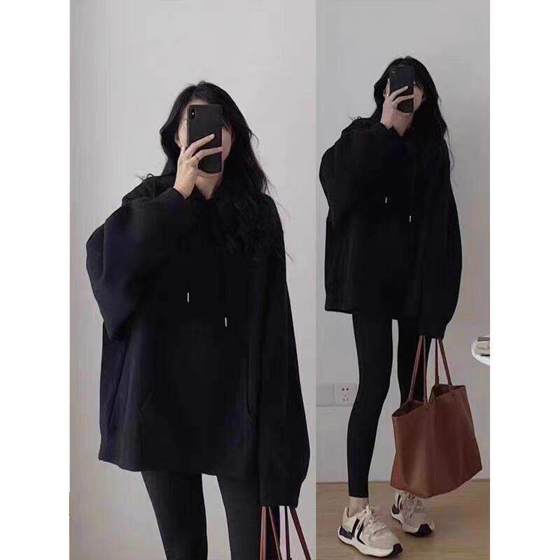 100%纯棉黑色连帽春秋薄款卫衣女秋冬新款爆款时尚宽松中长款外套