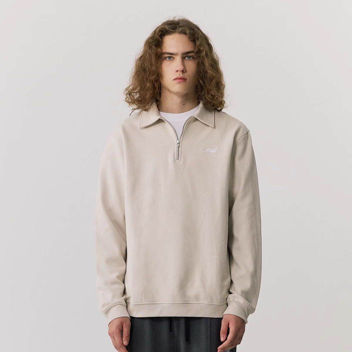 KITH秋季潮流刺绣纯棉Polo衫美式街头纯色套头拉链翻领长袖卫衣男