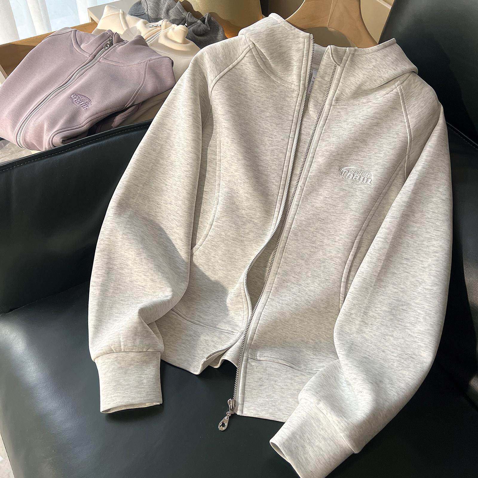 早秋薄款外套女2025新款长袖宽松连帽卫衣花灰拉链开衫上衣春秋季