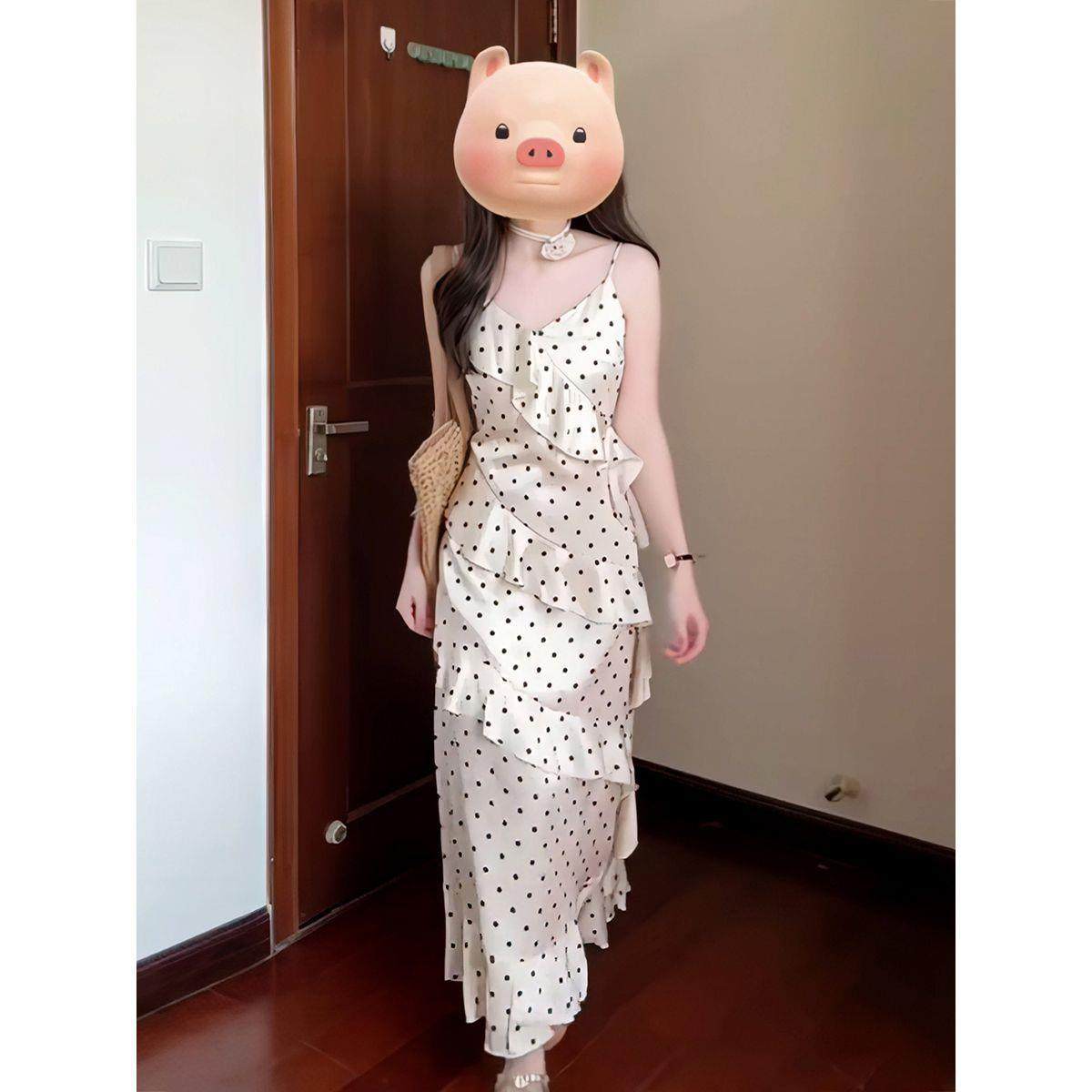 法式波点V领吊带连衣裙女夏季新款纯欲风荷叶边气质收腰显瘦长裙,女装/女士精品,连衣裙,淘宝优惠券,粉丝福利购,淘宝优惠卷