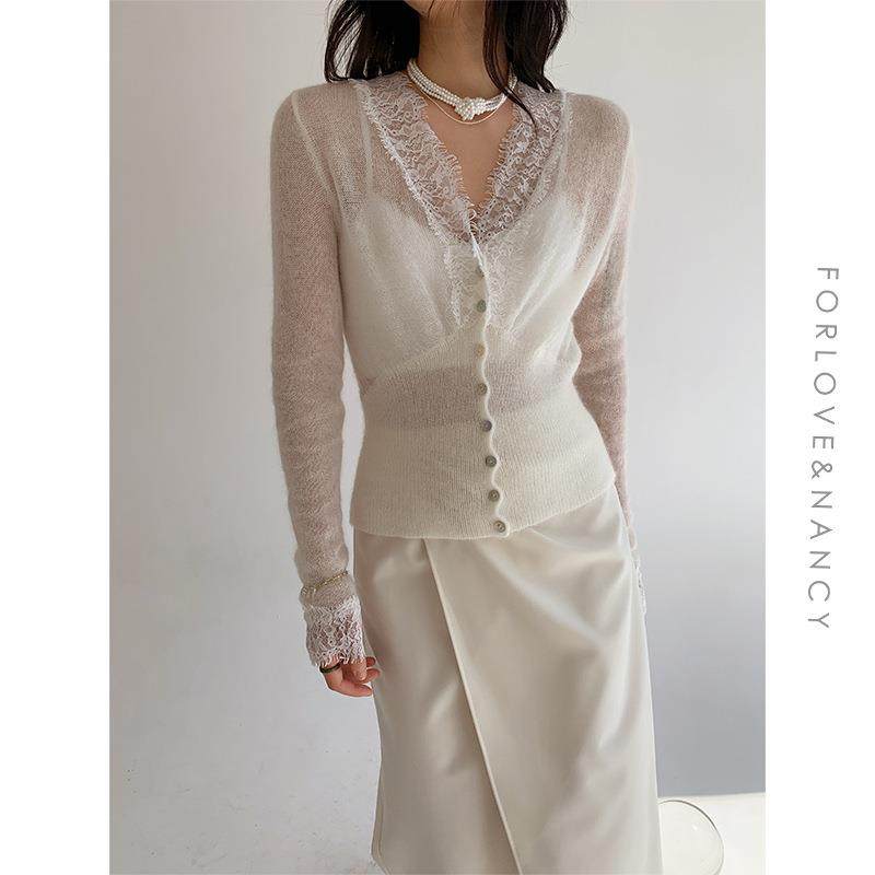 爱与南希十三行2025夏季装慵懒气质V领长袖蕾丝拼接上衣女,女装/女士精品,毛衣,淘宝优惠券,粉丝福利购,淘宝优惠卷