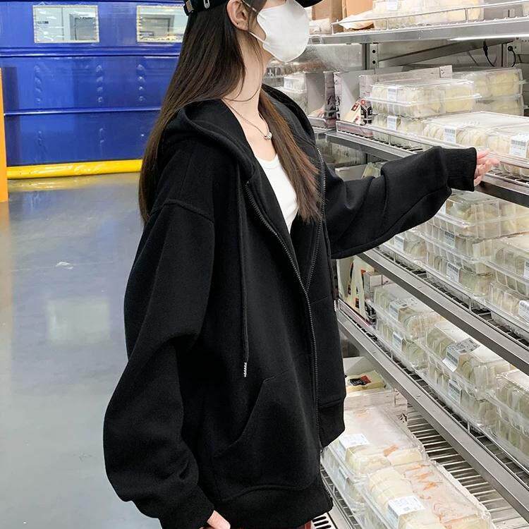 纯棉连帽黑色外套卫衣女2025早春秋薄款宽松休闲百搭上衣潮牌帽衫