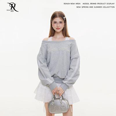 REACH原创春秋新款钉珠卫衣女斜肩长袖宽松假两件套头露肩上衣服