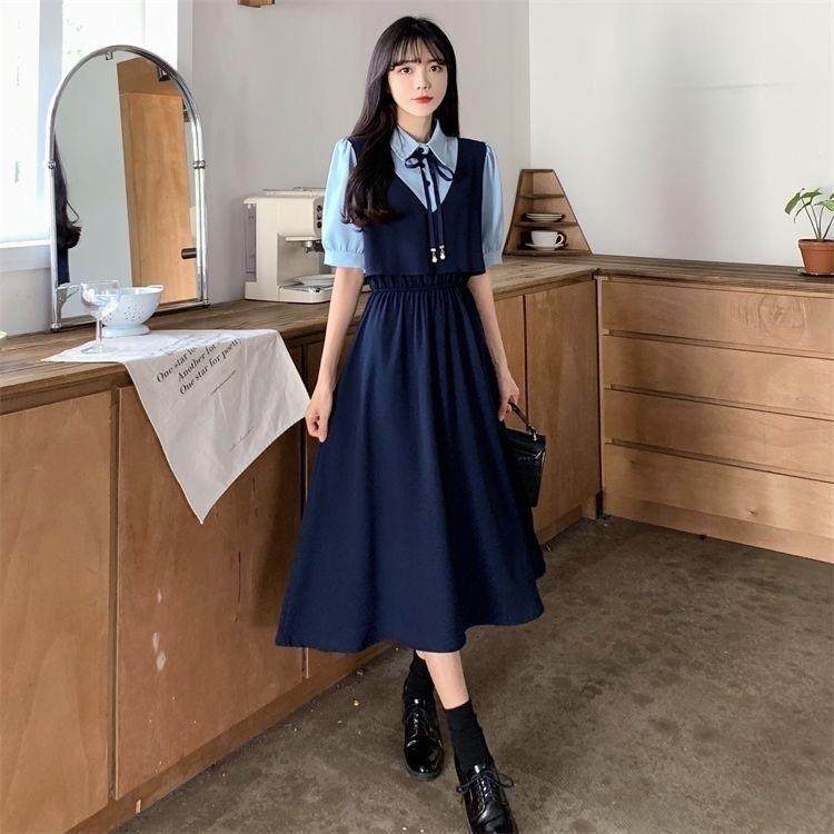 学院风新款拼接假两件短袖连衣裙女学生韩版收腰百搭过膝a字裙子,女装/女士精品,连衣裙,淘宝优惠券,粉丝福利购,淘宝优惠卷