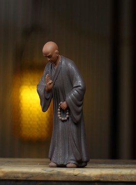 紫砂摆件禅意人物工艺礼品摆饰抚琴和尚玄关博古架装饰品家.居覆