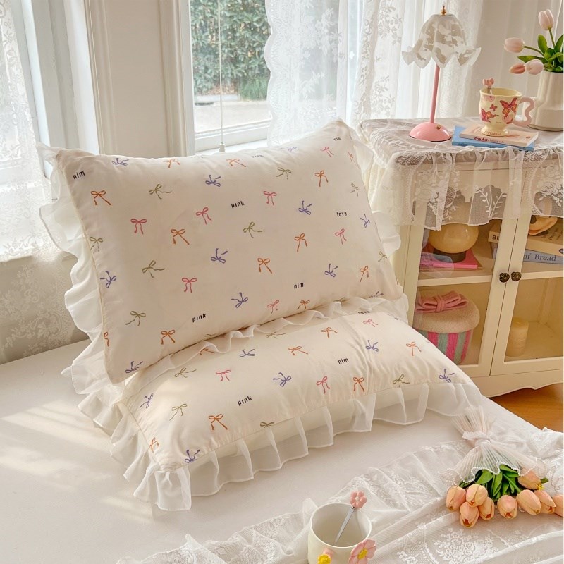 春新款母婴A类针织棉双层纱花边枕套48*74cmQ一对装家用枕芯内胆