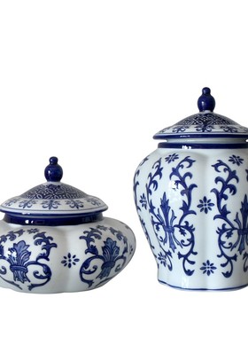 青花瓷茶叶罐大口径密封罐中式工艺E品摆件玄关客厅博古架装饰储