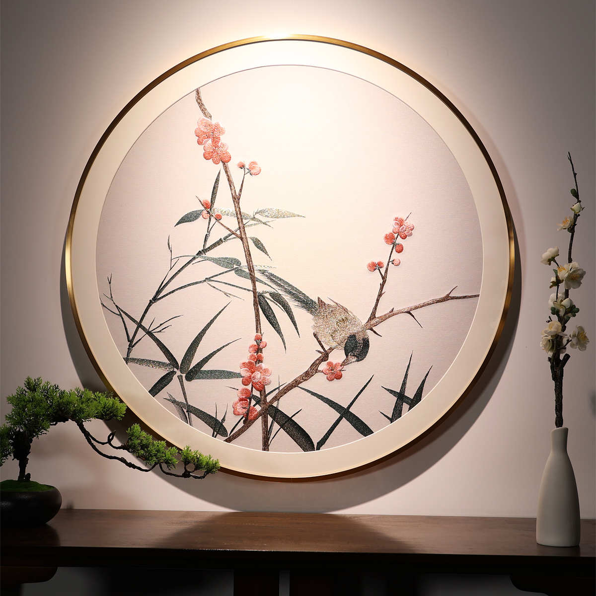 梦中式室内装饰画圆形刺绣新花鸟挂画客厅洲墙面墙上喜上眉梢餐厅图片