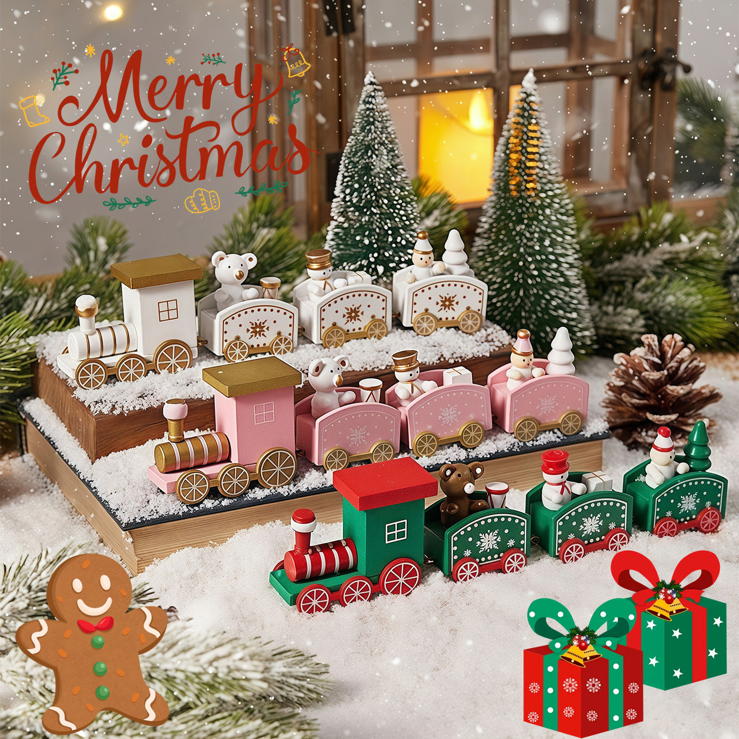 圣诞节礼品桌面微景观木质小火车装饰店铺橱窗氛围感布置拍照道具