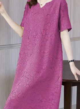 2022夏季新款时尚紫色褶皱压花连衣裙中长款宽松腰显瘦妈妈打底裙