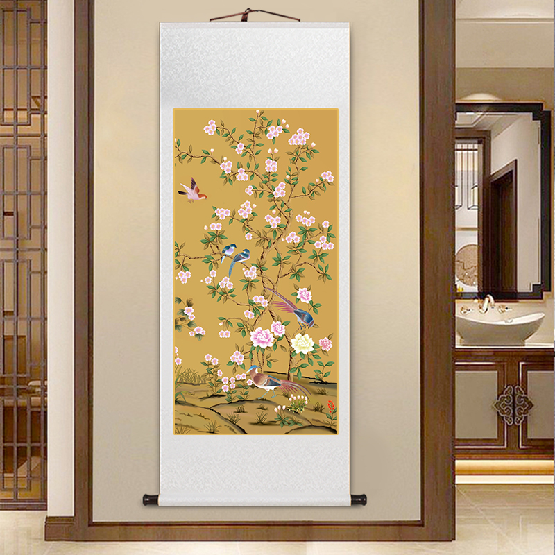 竖版玄关画新中式花鸟卷轴挂画客厅装饰画古风茶室书房背景墙壁画