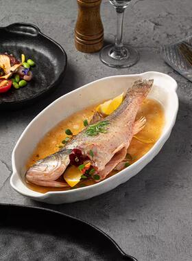 13.5英寸34cm日式鱼盘家用双耳蒸鱼盘子石纹高级陶瓷菜盘轻奢鱼盘