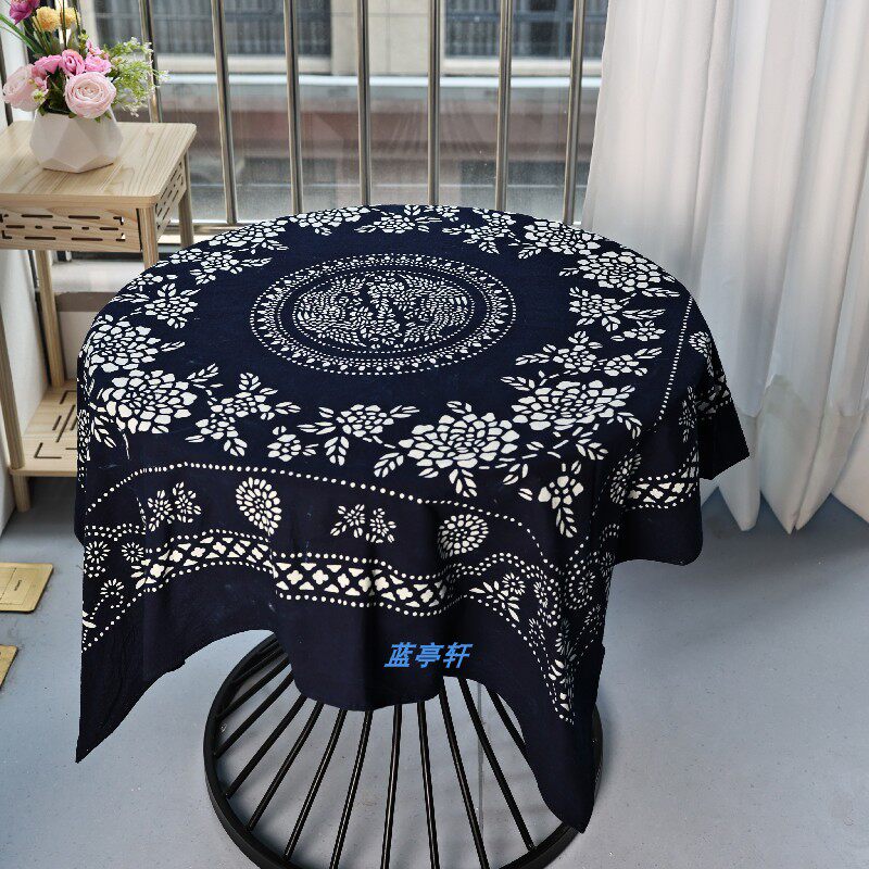 手工蓝印花布大方巾110*110 民宿小台布家居盖巾全棉结婚包袱皮