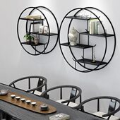 圆形新中式 茶室背景壁挂博古架铁艺客厅墙上置物架玄关茶叶展示柜